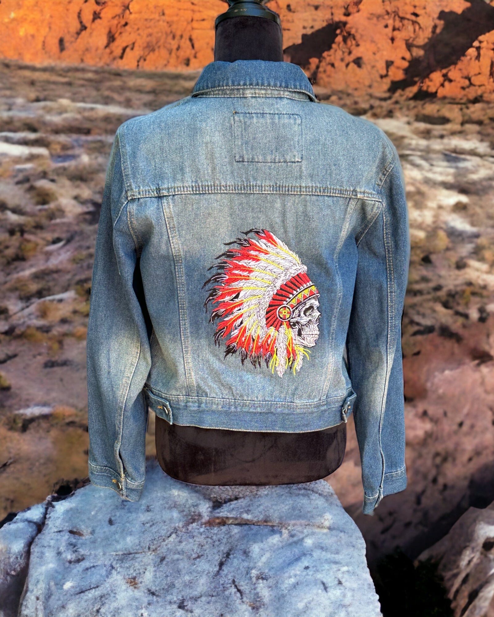 Neon Tribal Skull outlet Chain stitched Acid-Wash Denim Jacket